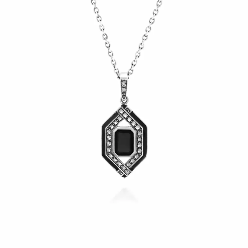 Art Deco Inspired Black Spinel, Enamel & Marcasite Necklace in Sterling Silver sold by Gemondo Jewellery