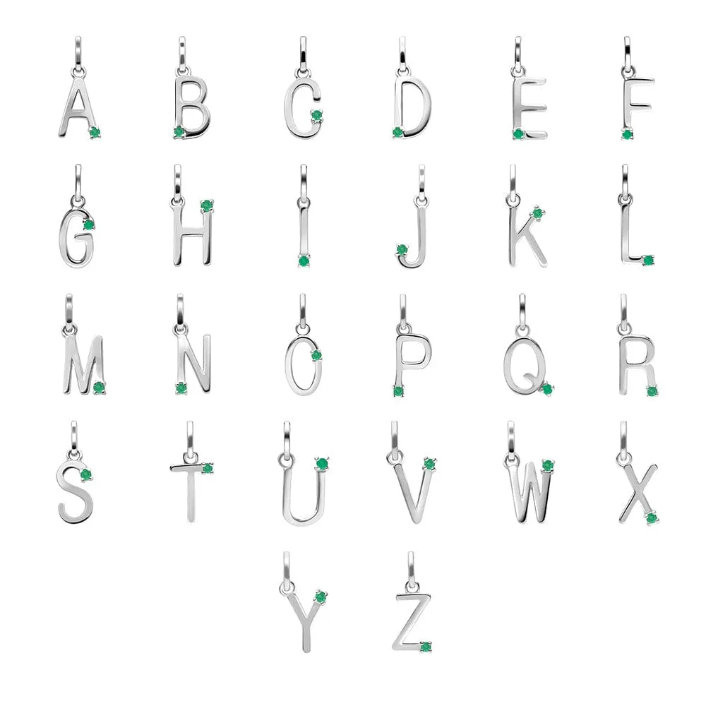 Initial Emerald Letter Charm Necklace in 9ct White Gold sold by Gemondo Jewellery
