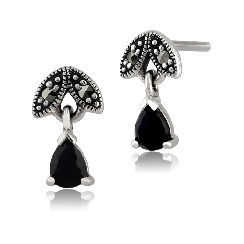 Art Nouveau Style Pear Sapphire & Marcasite Drop Earrings in 925 Sterling Silver sold by Gemondo Jewellery