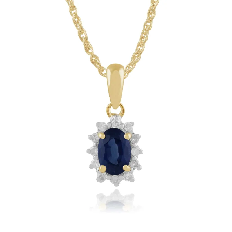 Classic Oval Sapphire & Diamond Cluster Pendant in 9ct Yellow Gold sold by Gemondo Jewellery