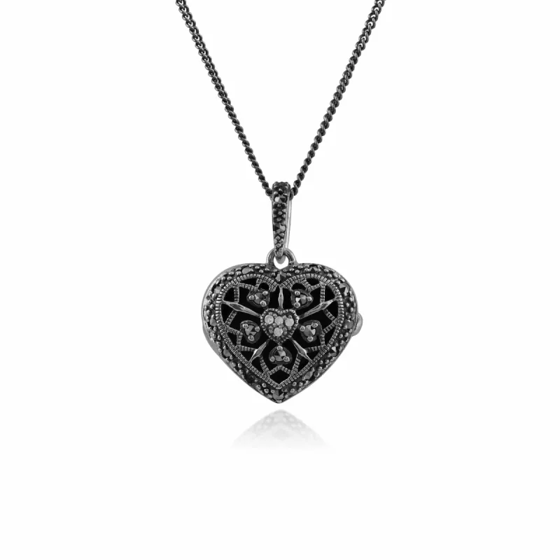 Art Nouveau Style Round Diamond & Marcasite Heart Necklace in 925 Sterling Silver sold by Gemondo Jewellery