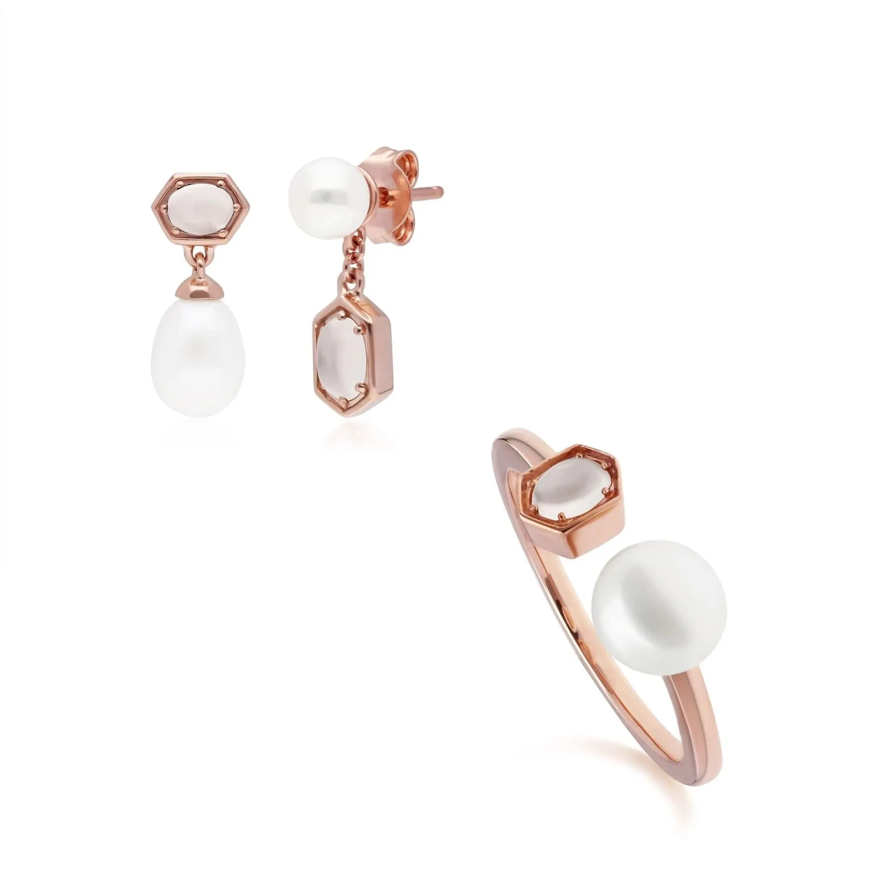 Modern Pearl & Moonstone Earring & Ring Set in Rose Gold Plated Silver sold by Gemondo Jewellery
