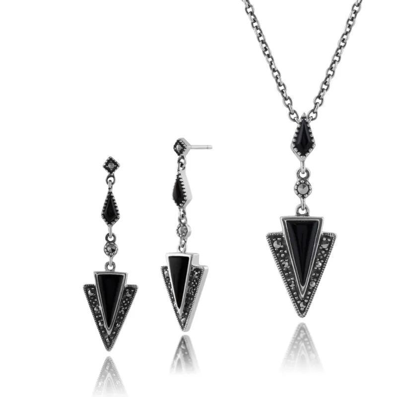 Art Deco Style Style Black Onyx & Marcasite Triangle Drop Earrings & Pendant Set in 925 Sterling Silver sold by Gemondo Jewellery