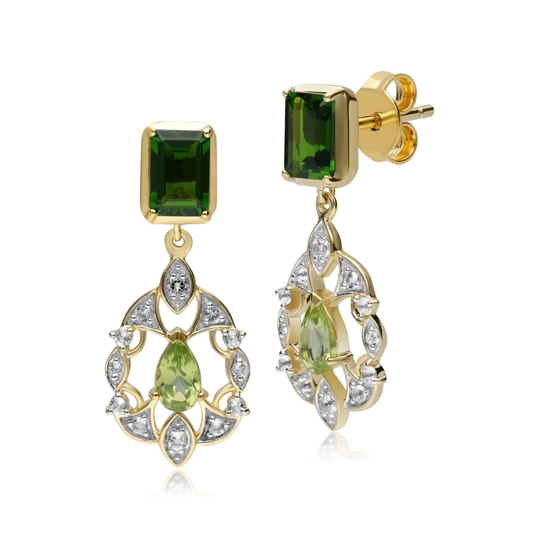 ECFEW™ Creator Chrome Diopside & Peridot Floral Drop Earrings in Gold Plated Sterling Silver sold by Gemondo Jewellery