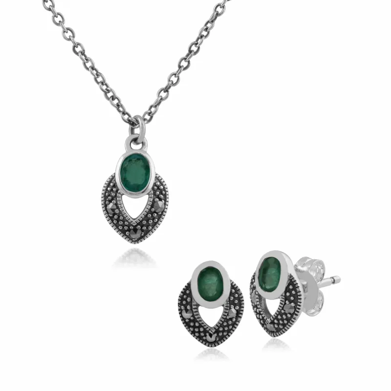 Art Deco Style Oval Emerald & Marcasite Stud Earrings & Pendant Set in Sterling Silver sold by Gemondo Jewellery