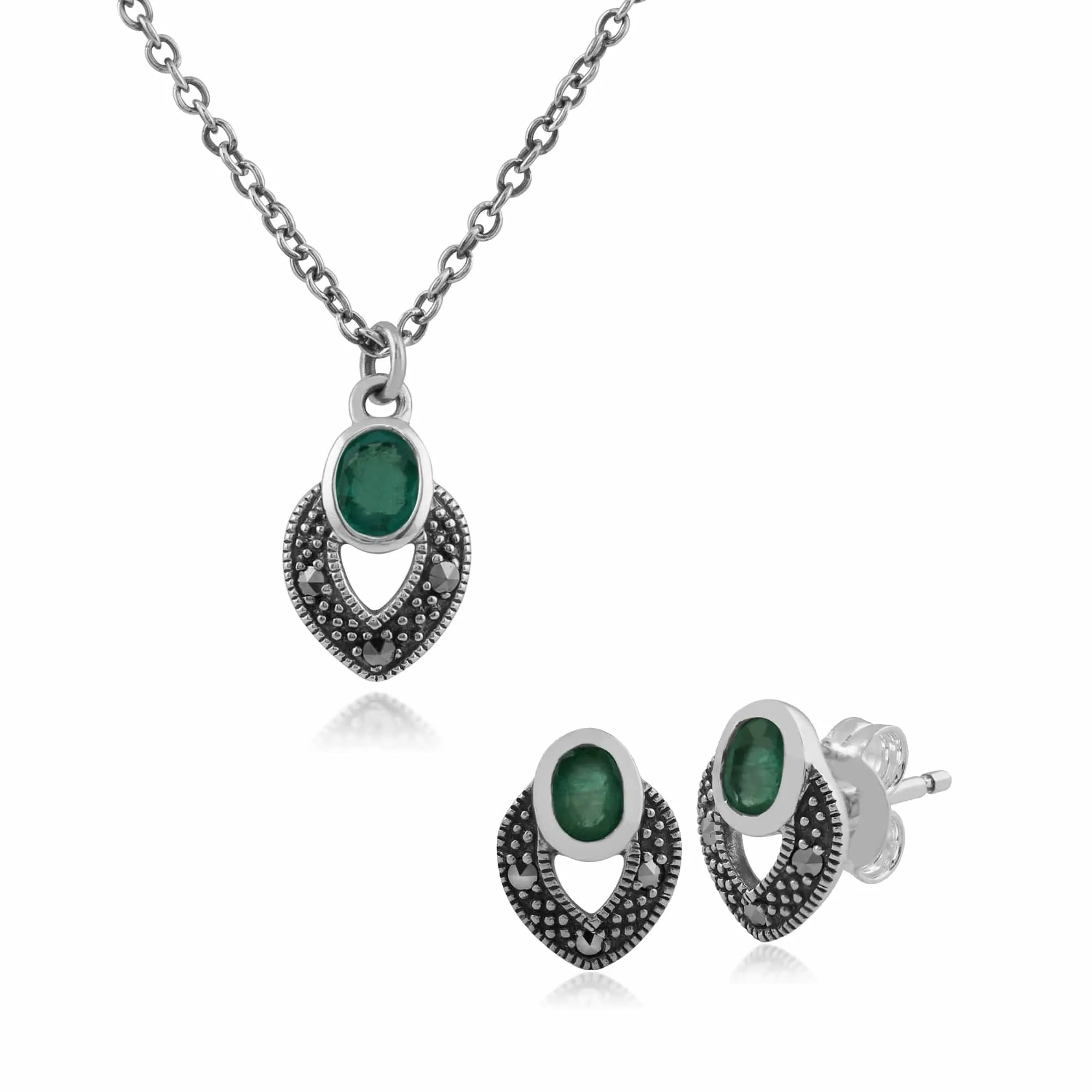 Art Deco Style Oval Emerald & Marcasite Stud Earrings & Pendant Set in Sterling Silver sold by Gemondo Jewellery