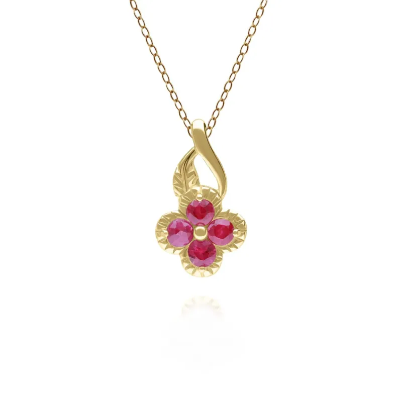 Floral Round Ruby Pendant in 9ct Yellow Gold sold by Gemondo Jewellery