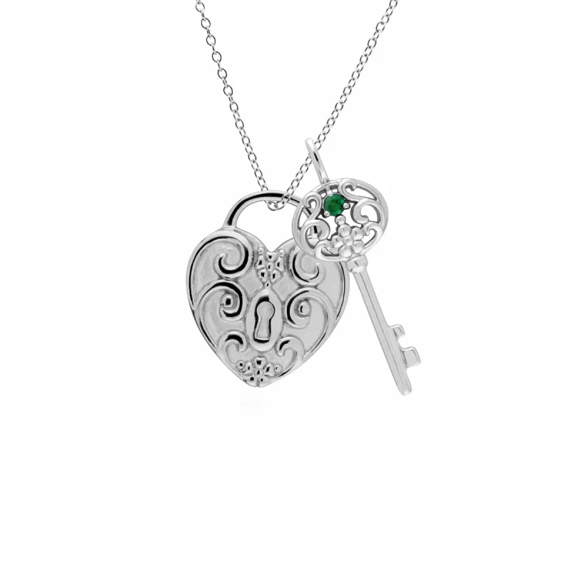 Classic Swirl Heart Lock Pendant & Emerald Big Key Charm in 925 Sterling Silver sold by Gemondo Jewellery