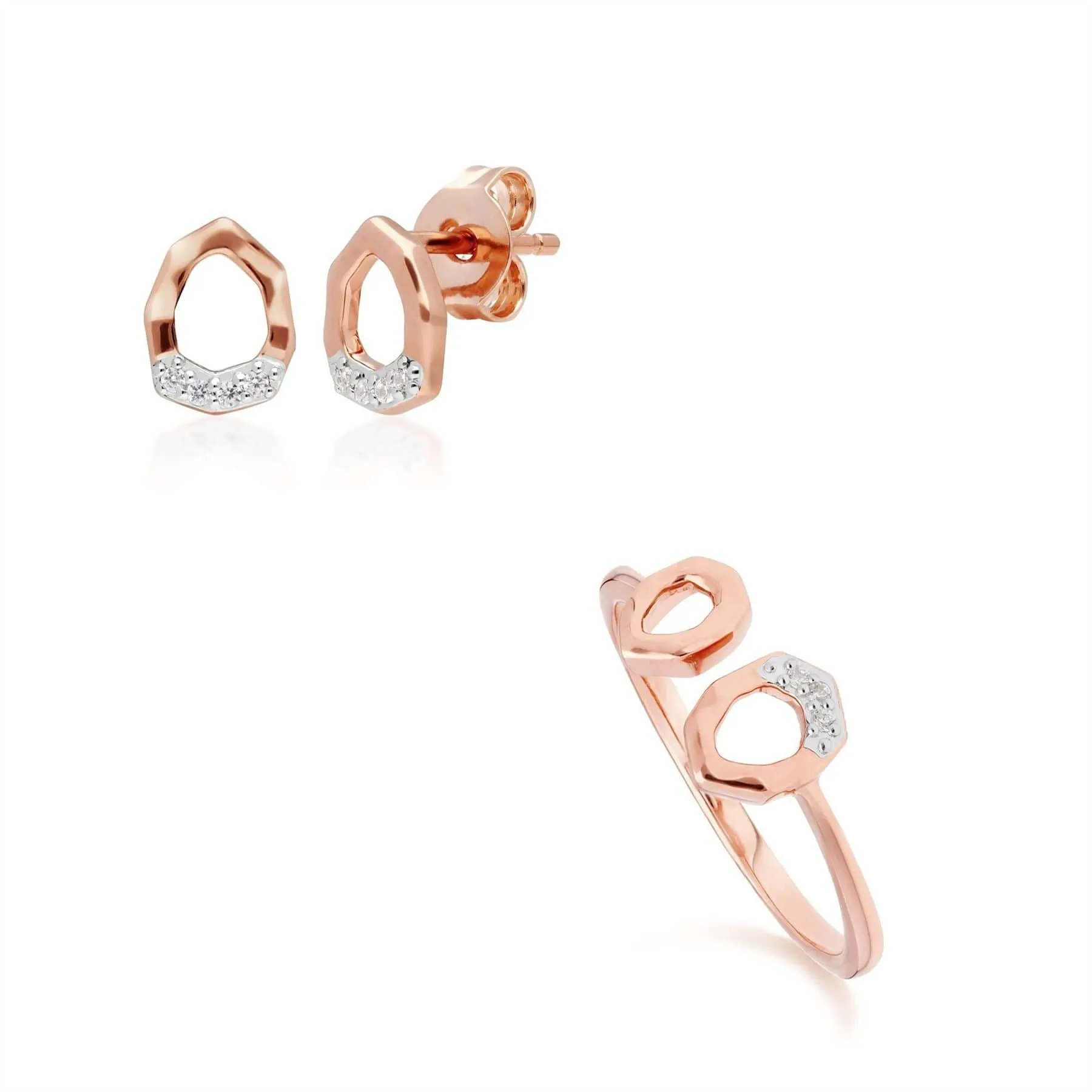 Diamond Pave Asymmetrical Stud Earring & Ring Set in 9ct Rose Gold sold by Gemondo Jewellery