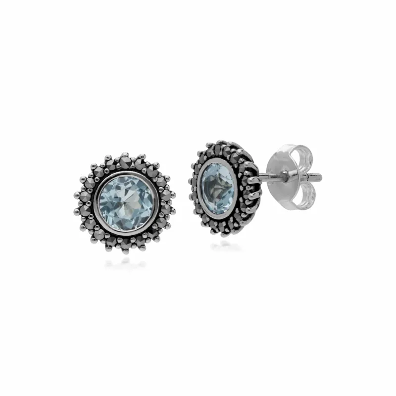 Sterling Silver Blue Topaz & Marcasite November Art Nouveau Stud Earrings sold by Gemondo Jewellery