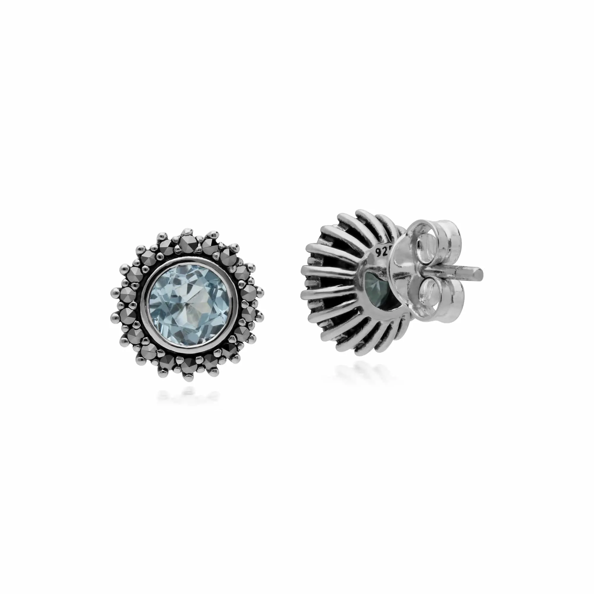 Sterling Silver Blue Topaz & Marcasite November Art Nouveau Stud Earrings sold by Gemondo Jewellery product image thumbnail 2