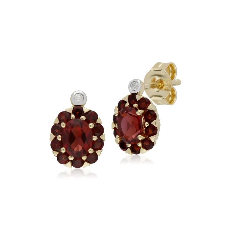 Gemondo 9ct Yellow Gold Garnet & Diamond Oval Cluster Stud Earrings sold by Gemondo Jewellery