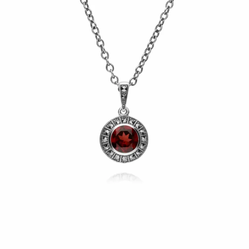 Art Deco Style Round Garnet & Marcasite Halo Pendant in 925 Sterling Silver sold by Gemondo Jewellery