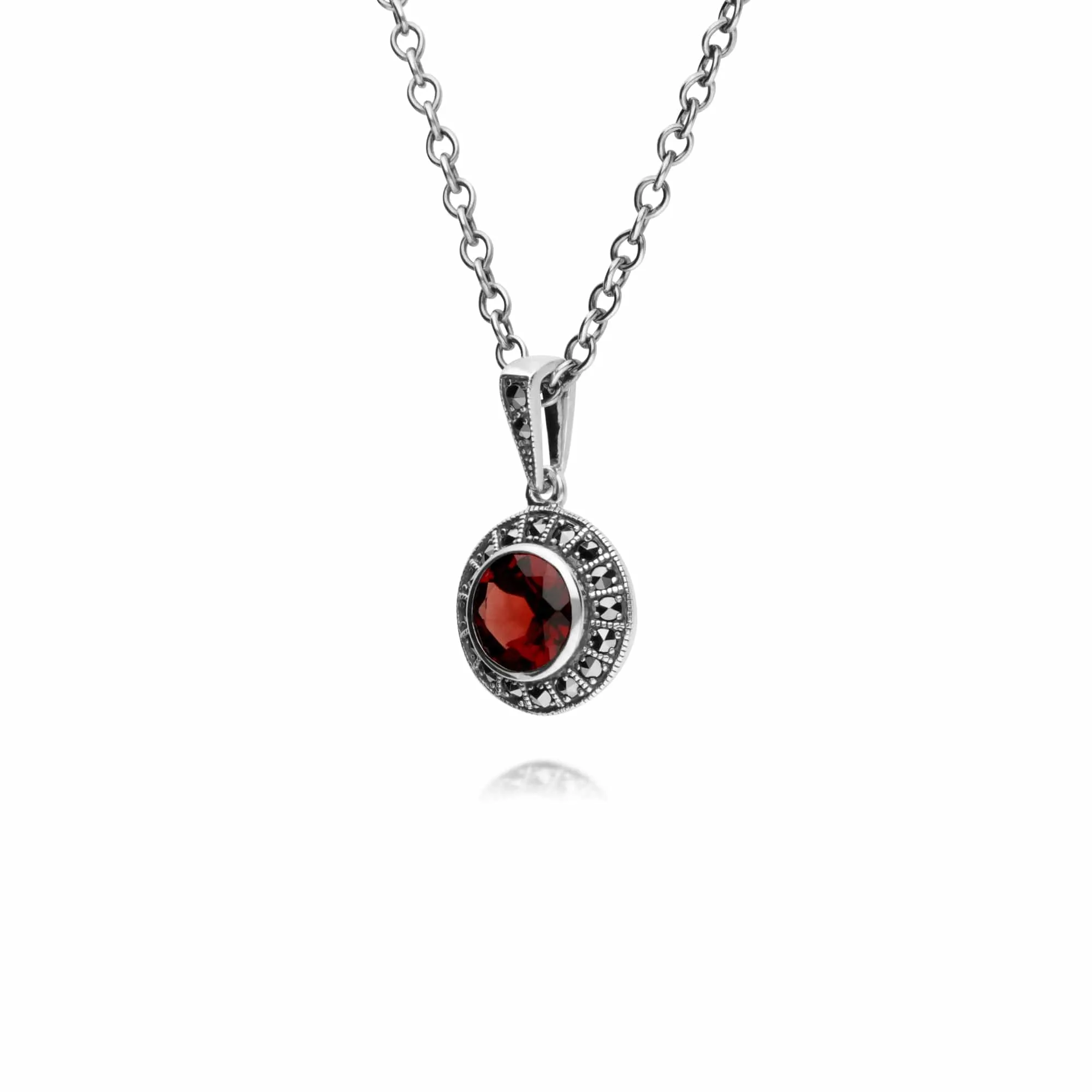 Art Deco Style Round Garnet & Marcasite Halo Pendant in 925 Sterling Silver sold by Gemondo Jewellery product image thumbnail 2