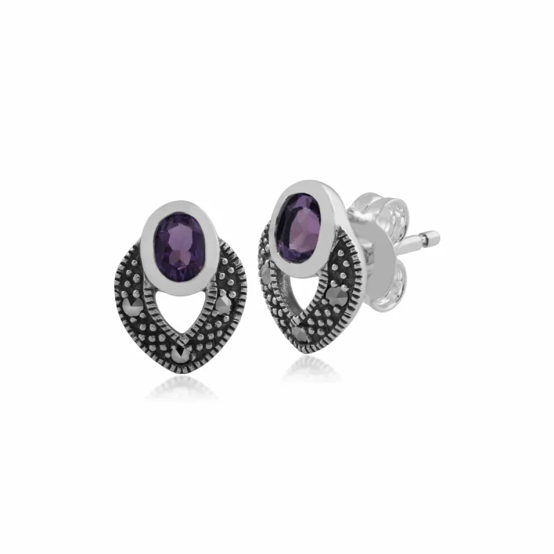 Art Deco Style Oval Amethyst & Marcasite Stud Earrings in 925 Sterling Silver sold by Gemondo Jewellery