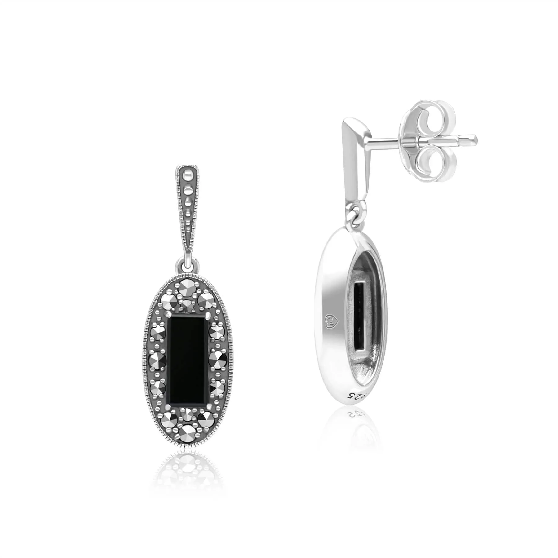 Art Deco Style Oval Onyx and Marcasite Drop Earrings in Sterling Silver sold by Gemondo Jewellery product image thumbnail 3