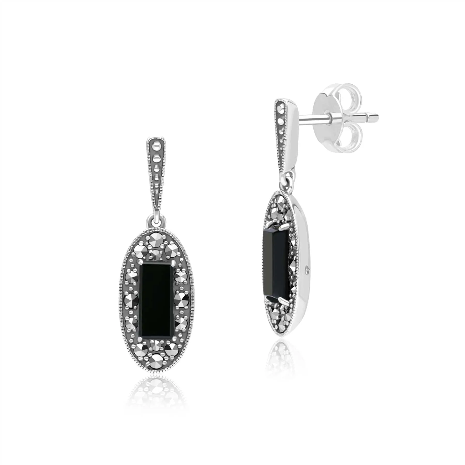 Art Deco Style Oval Onyx and Marcasite Drop Earrings in Sterling Silver sold by Gemondo Jewellery