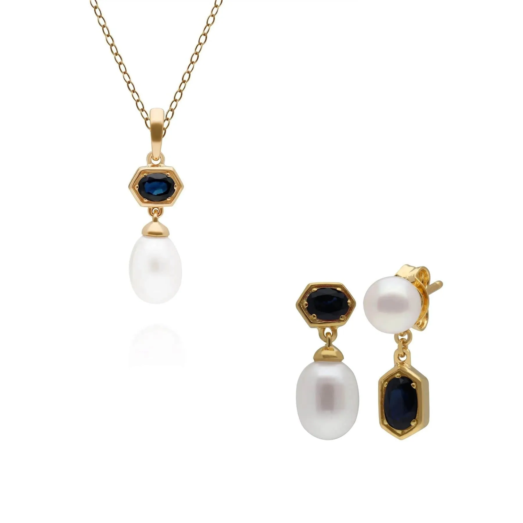 Modern Pearl & Sapphire Pendant & Earring Set in Gold Plated Silver sold by Gemondo Jewellery