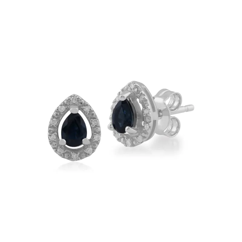 Classic Pear Sapphire & Diamond Halo Stud Earrings in 9ct White Gold sold by Gemondo Jewellery