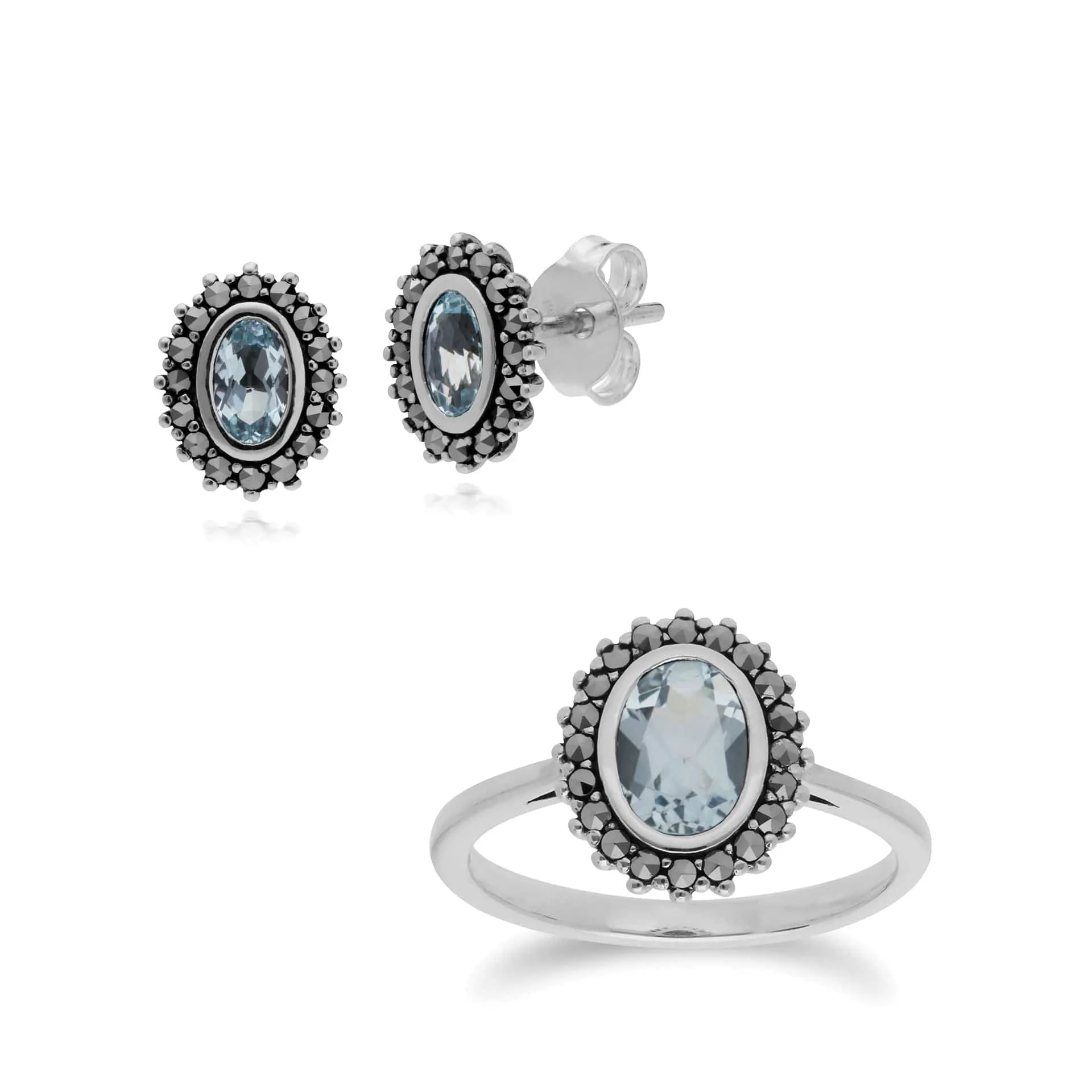Art Deco Style Oval Blue Topaz & Marcasite Halo Stud Earrings & Ring Set in 925 Sterling Silver sold by Gemondo Jewellery