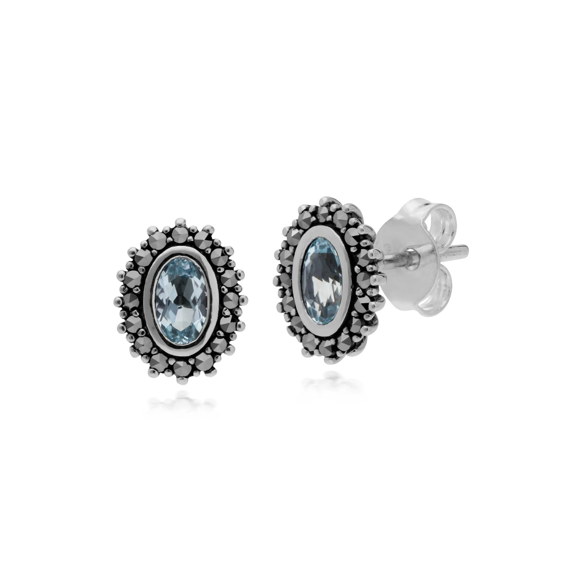 Art Deco Style Oval Blue Topaz & Marcasite Halo Stud Earrings & Ring Set in 925 Sterling Silver sold by Gemondo Jewellery product image thumbnail 2