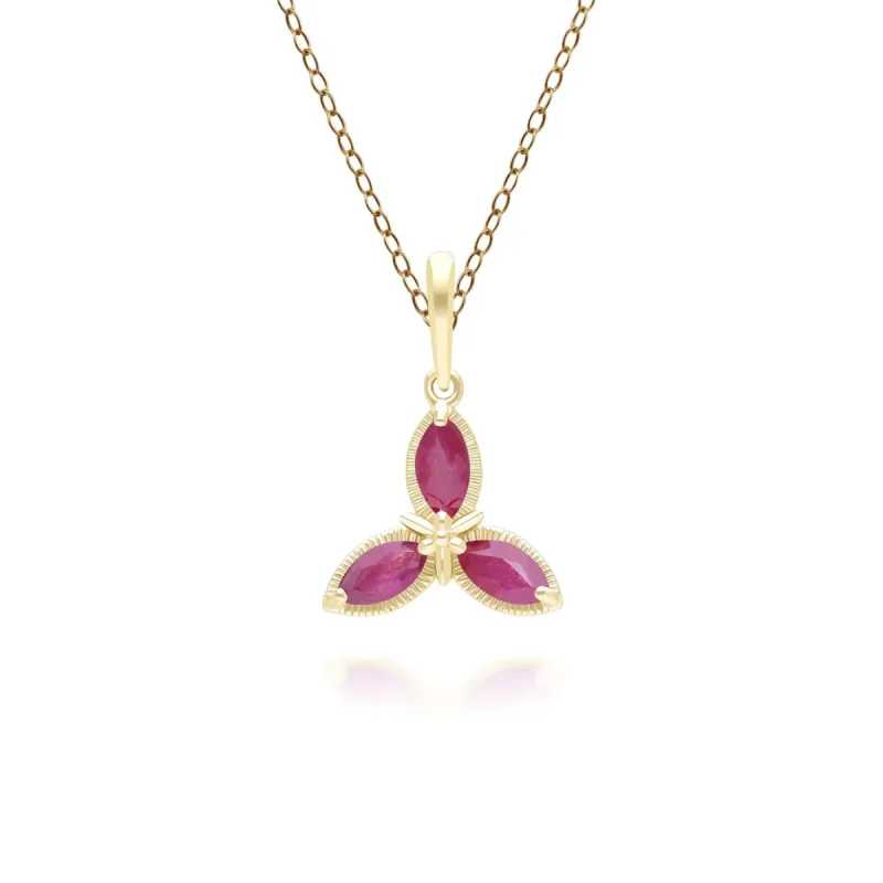 Floral Marquise Ruby Pendant Necklace in 9ct Yellow Gold sold by Gemondo Jewellery