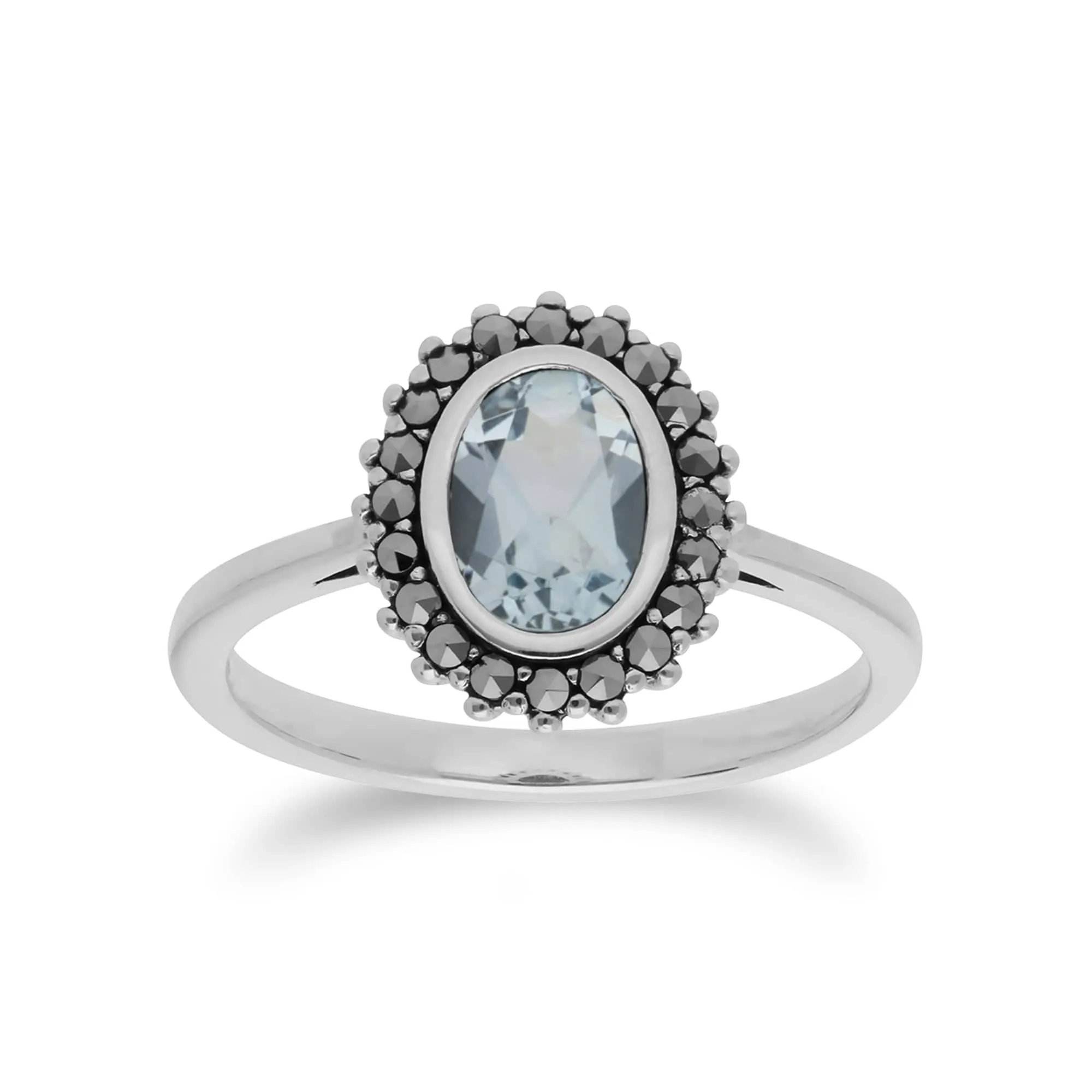 Art Deco Style Oval Blue Topaz & Marcasite Halo Stud Earrings & Ring Set in 925 Sterling Silver sold by Gemondo Jewellery product image thumbnail 3