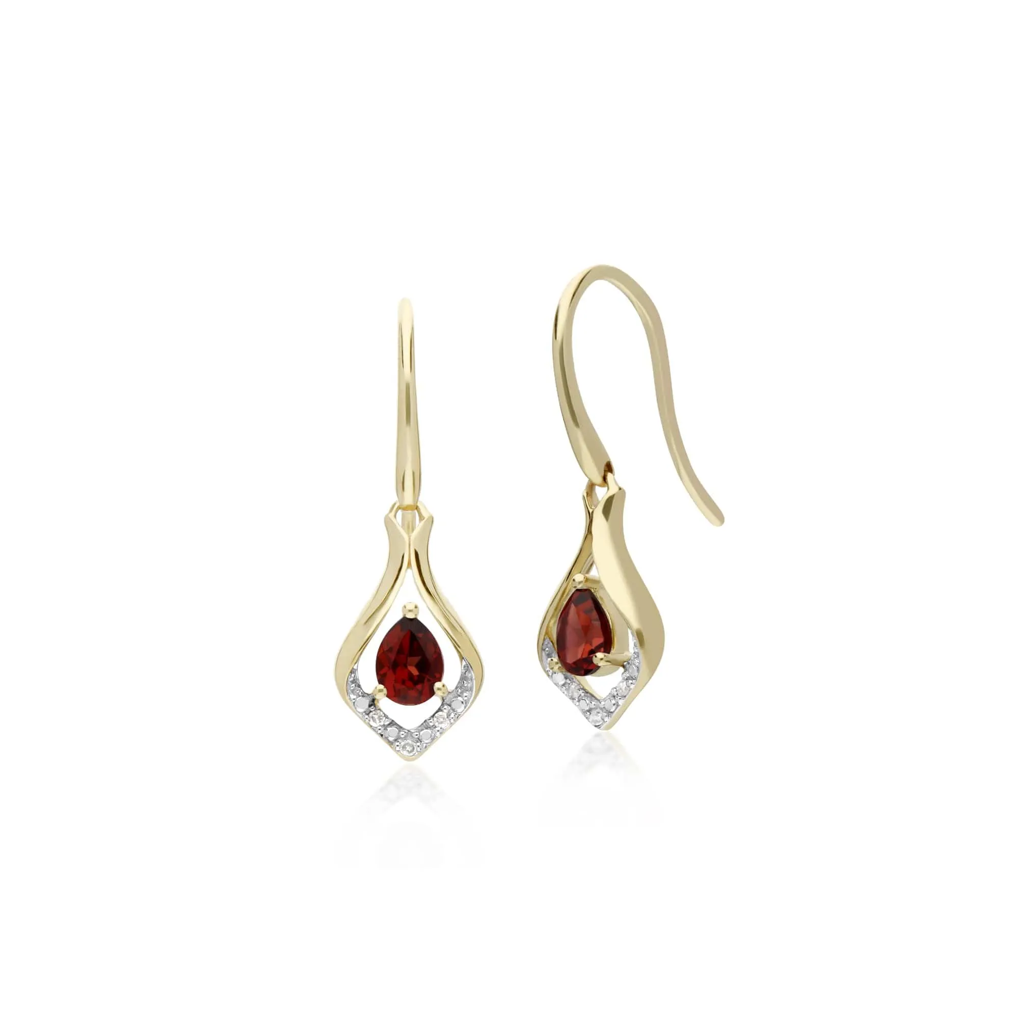 Classic Pear Garnet & Diamond Leaf Halo Drop Earrings in 9ct Yellow Gold sold by Gemondo Jewellery
