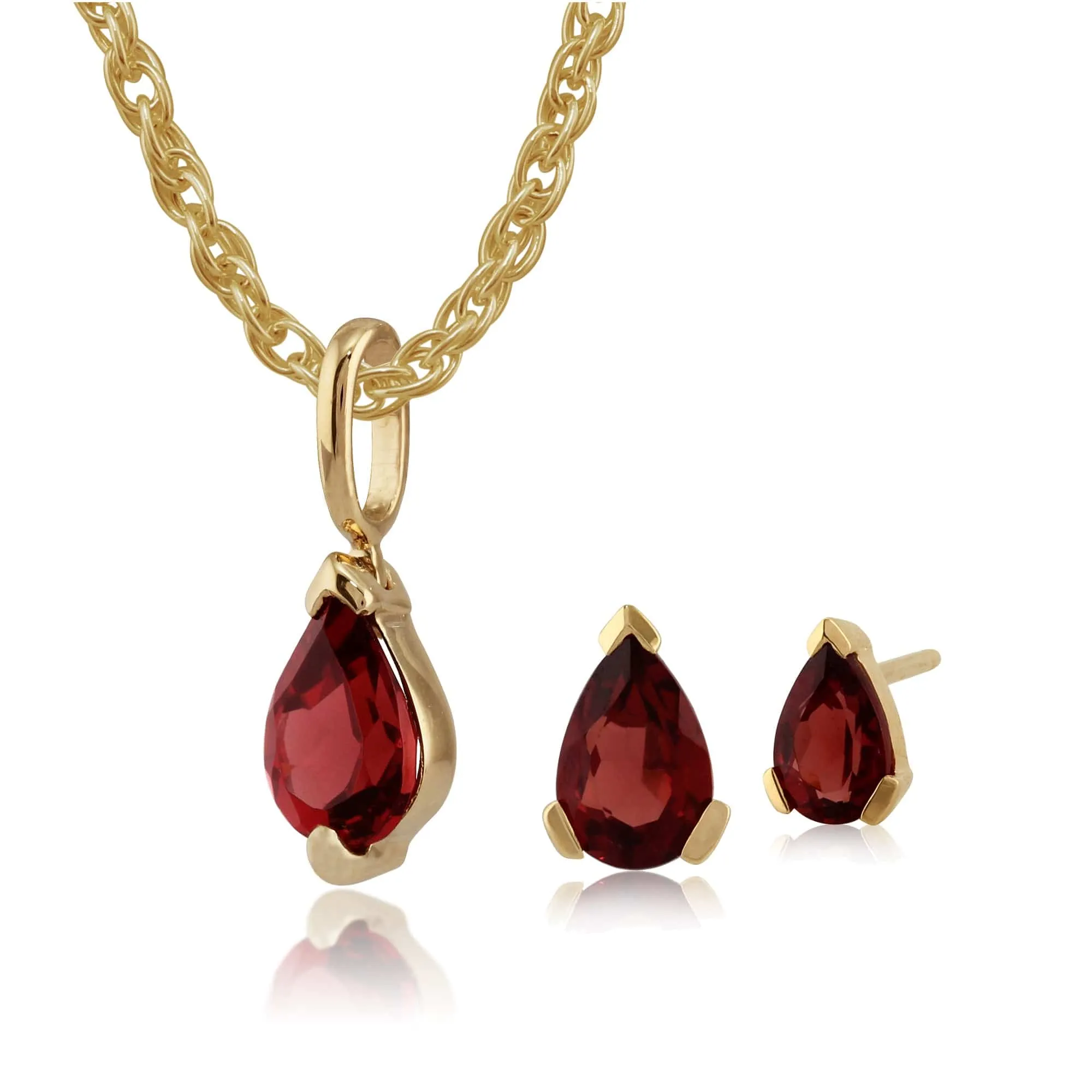 Classic Pear Garnet Single Stone Stud Earrings & Pendant Set in 9ct Yellow Gold sold by Gemondo Jewellery