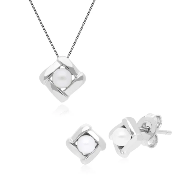 Essential Round Pearl Square Crossover Stud Earrings & Pendant Set in 925 Sterling Silver sold by Gemondo Jewellery