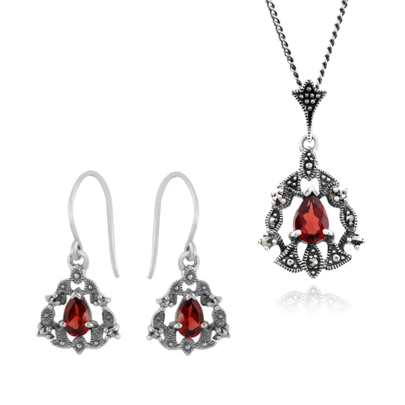 Art Nouveau Style Pear Garnet & Marcasite Garland Halo Drop Earrings & Pendant Set in Silver sold by Gemondo Jewellery