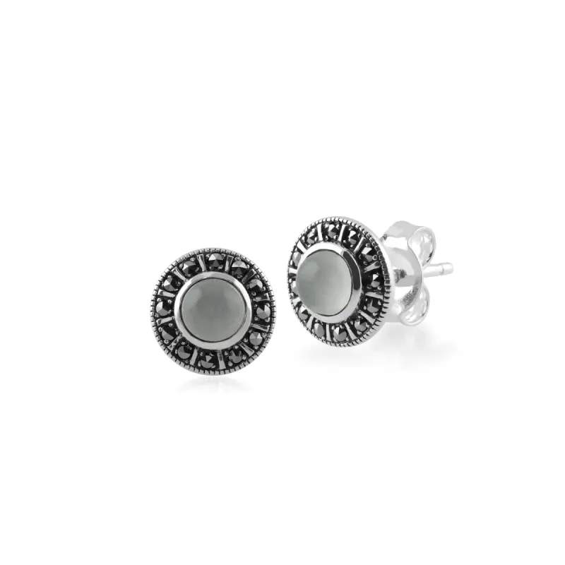 Art Deco Style Round Milky Aquamarine & Marcasite Halo Stud Earrings in 925 Sterling Silver sold by Gemondo Jewellery