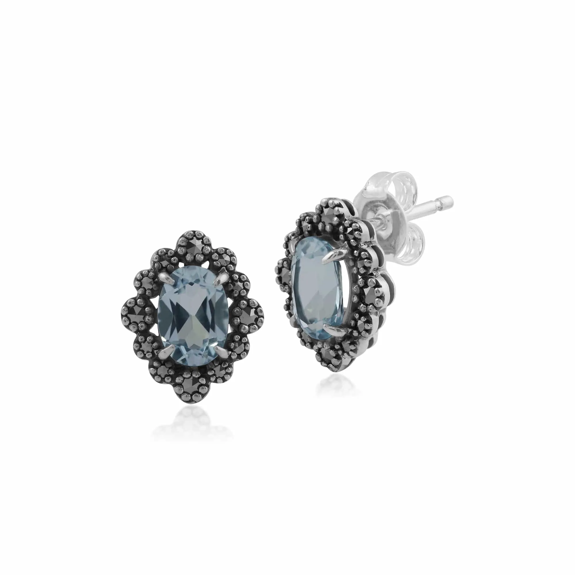 Gemondo Sterling Silver Blue Topaz & Marcasite Art Deco Stud Earrings sold by Gemondo Jewellery