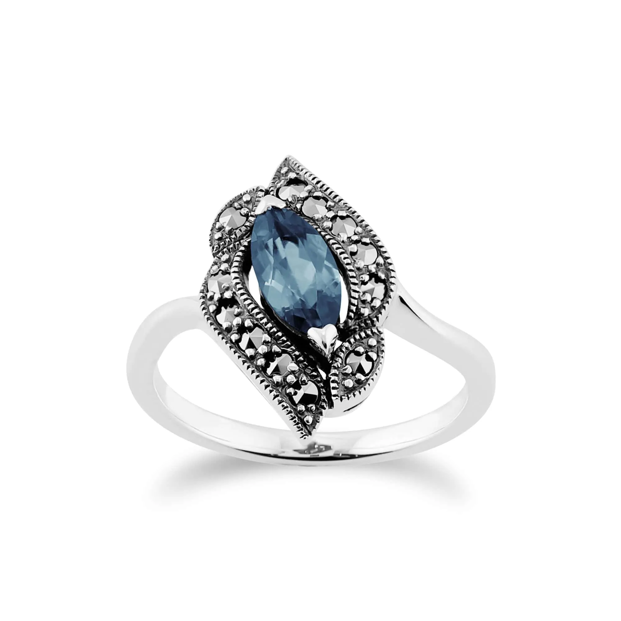 Art Nouveau Style Marquise Blue Topaz & Marcasite Ring in 925 Sterling Silver sold by Gemondo Jewellery