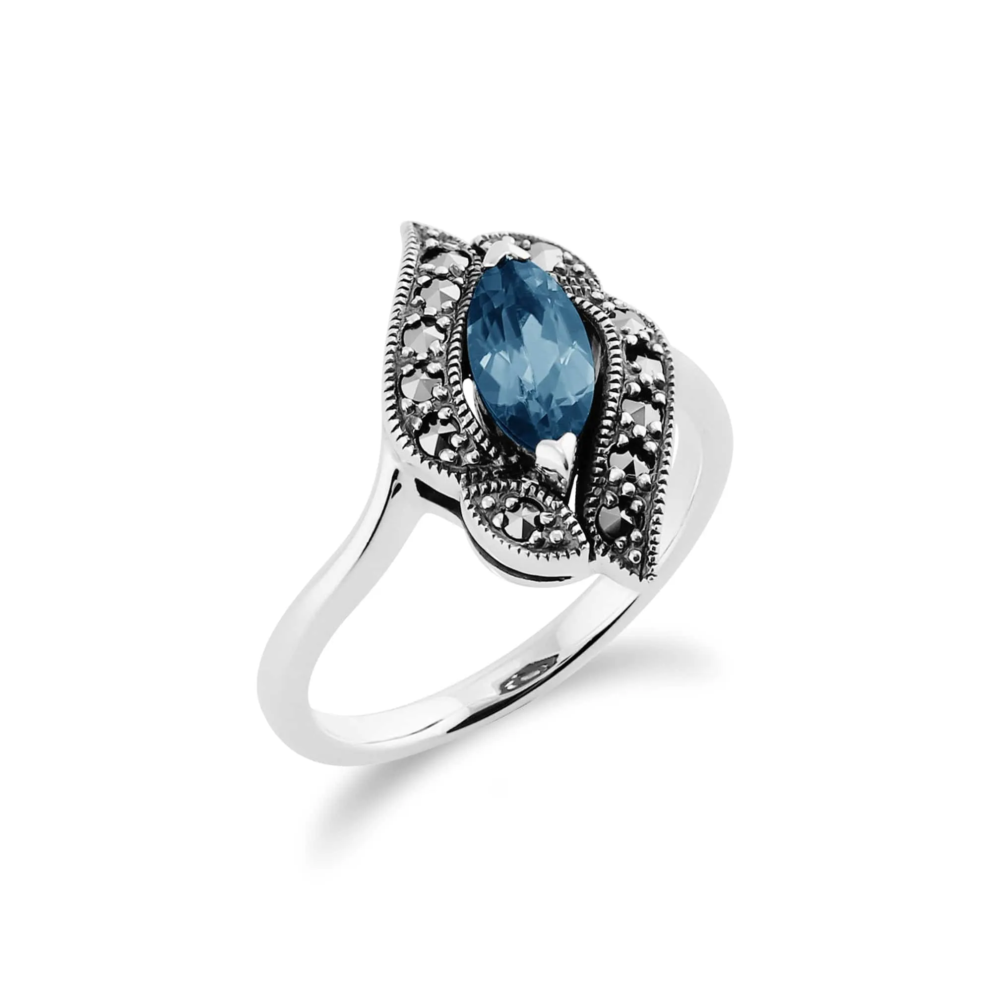 Art Nouveau Style Marquise Blue Topaz & Marcasite Ring in 925 Sterling Silver sold by Gemondo Jewellery product image thumbnail 2