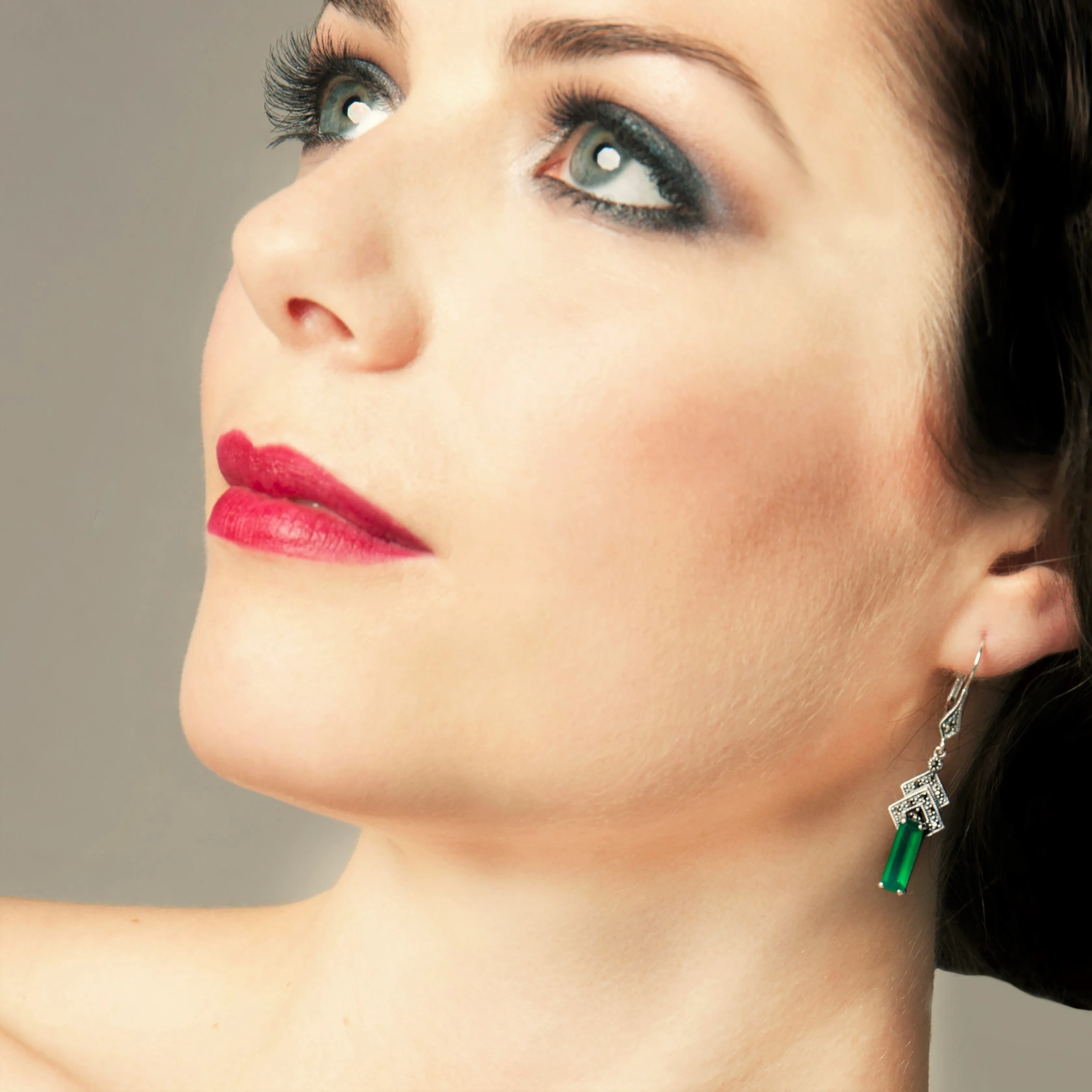 Art Deco Style Rectangle Green Chalcedony & Marcasite Drop Earrings in Silver sold by Gemondo Jewellery product image thumbnail 3