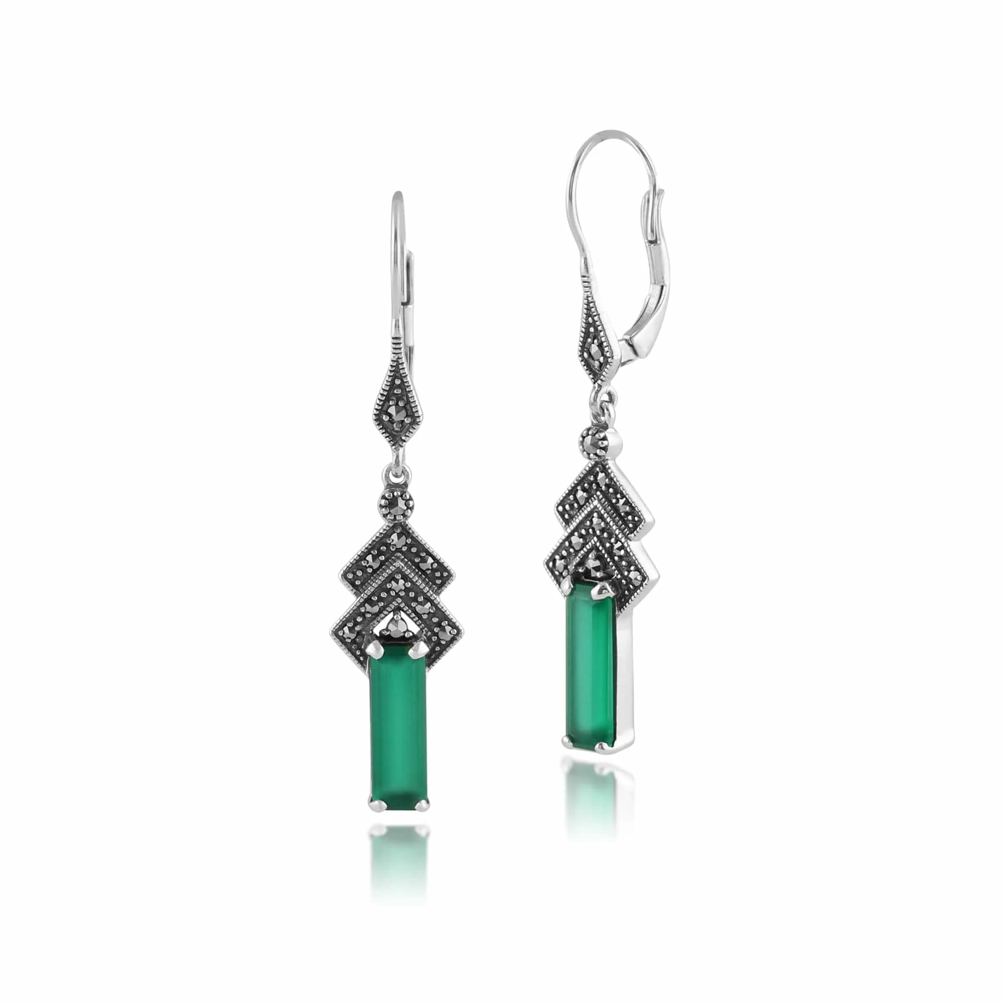 Art Deco Style Rectangle Green Chalcedony & Marcasite Drop Earrings in Silver sold by Gemondo Jewellery