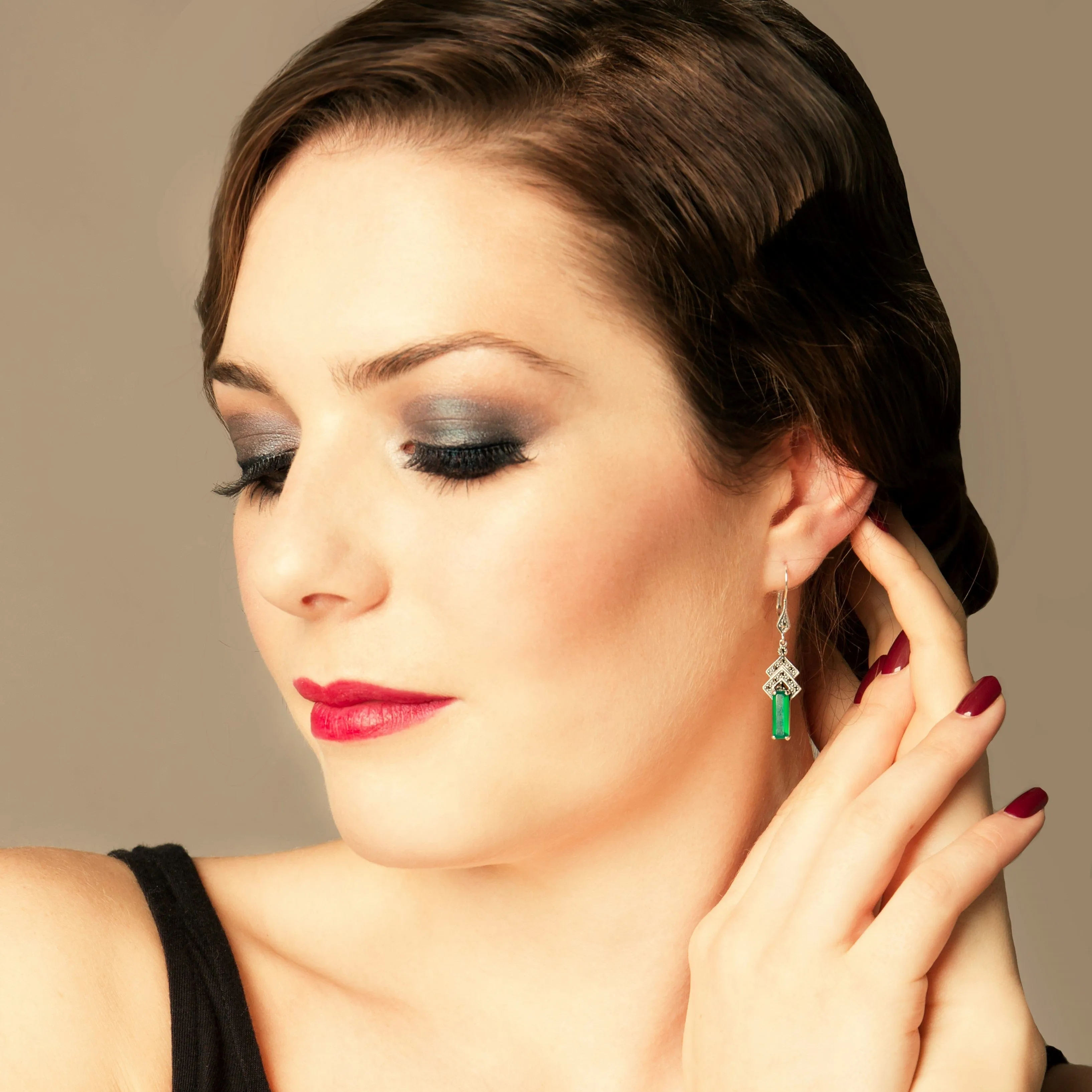 Art Deco Style Rectangle Green Chalcedony & Marcasite Drop Earrings in Silver sold by Gemondo Jewellery product image thumbnail 2