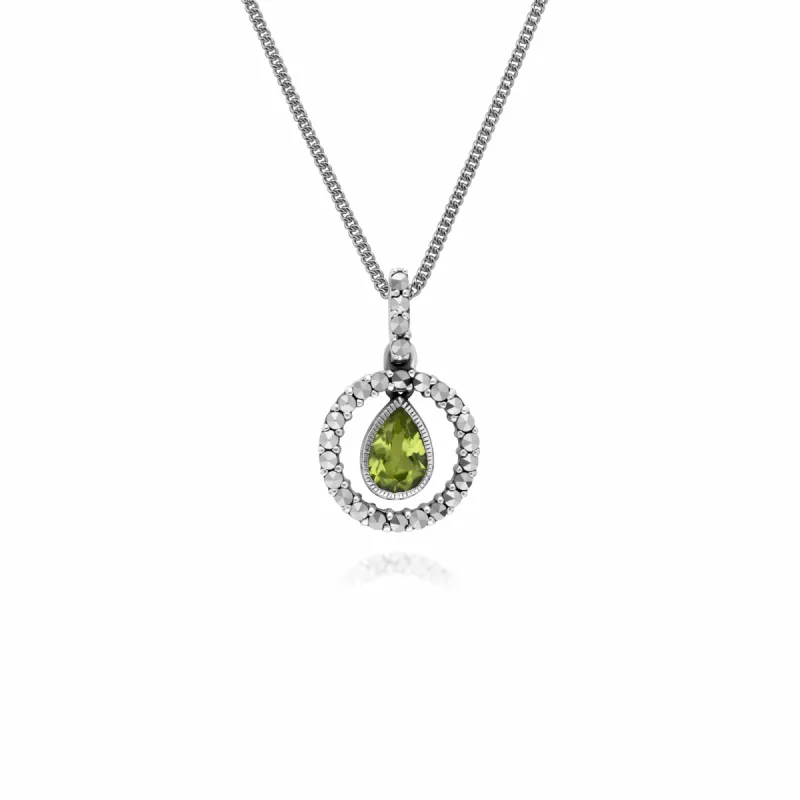 Classic Pear Peridot & Marcasite Halo Pendant in 925 Sterling Silver sold by Gemondo Jewellery