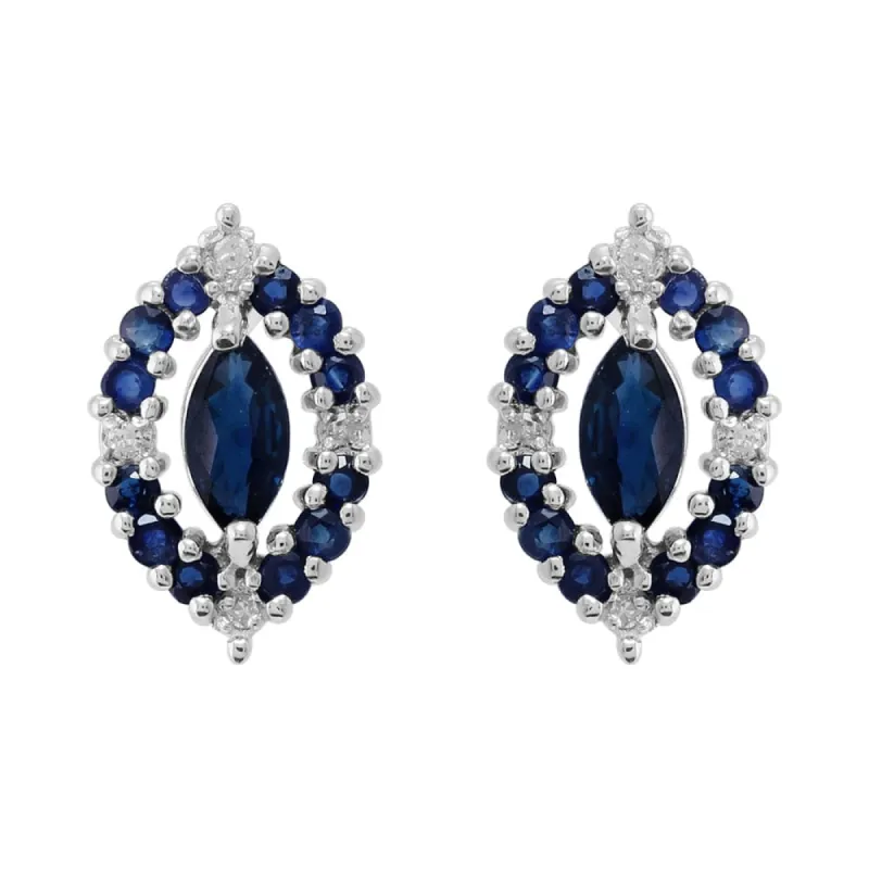 Marquise Sapphire & Diamond Cluster Stud Earrings in Silver sold by Gemondo Jewellery