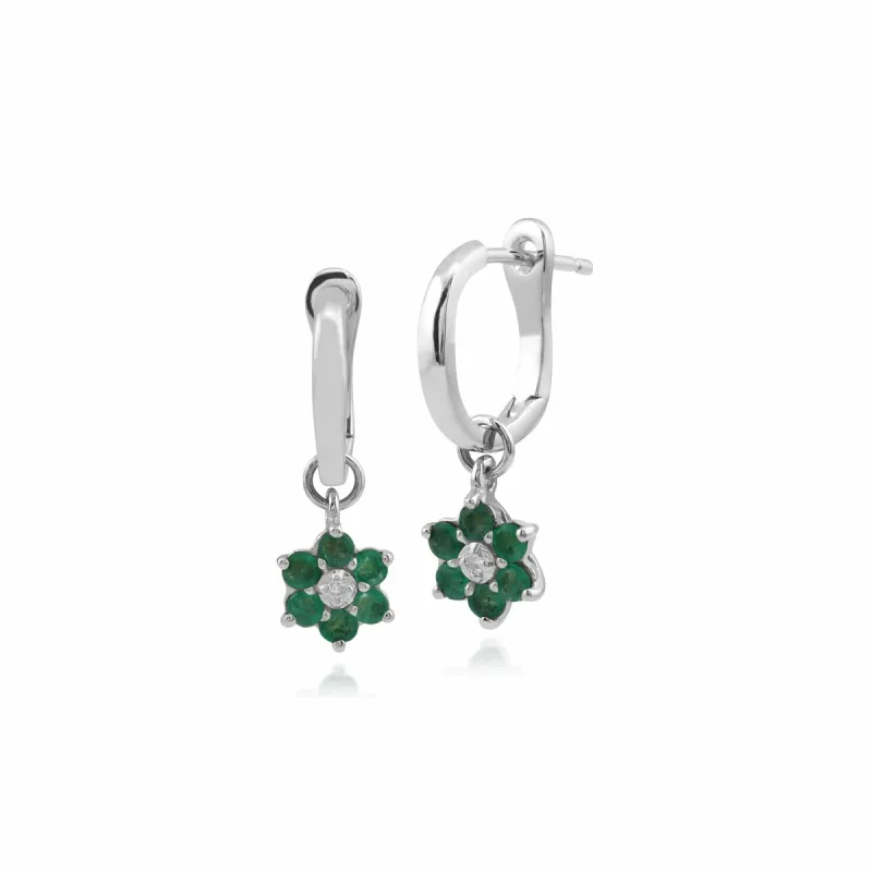 Floral Round Emerald & Diamond Omega Back Hoop Earrings in 9ct White Gold sold by Gemondo Jewellery
