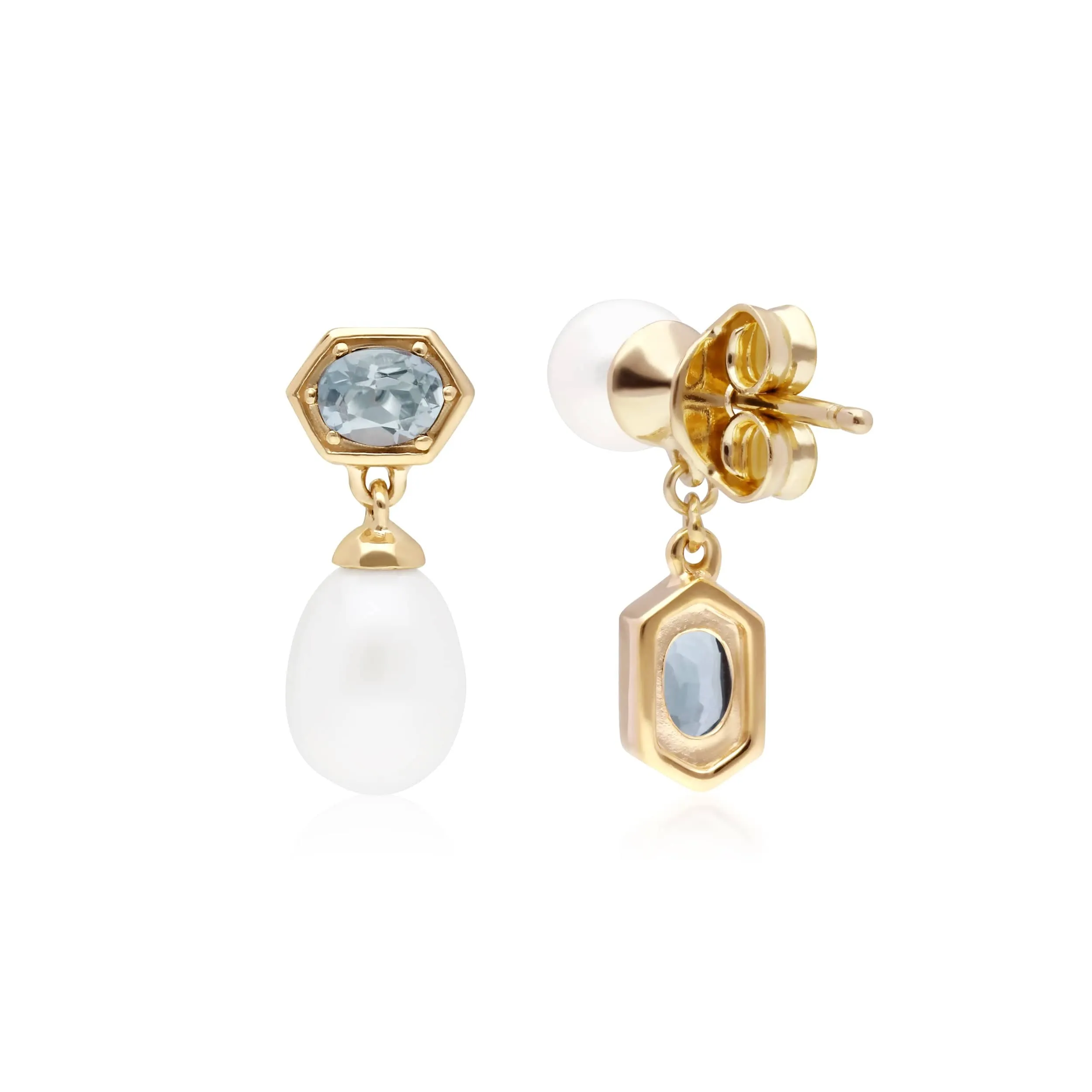 Modern Pearl & Aquamarine Mismatched Drop Earrings in Gold Plated Silver sold by Gemondo Jewellery product image thumbnail 2