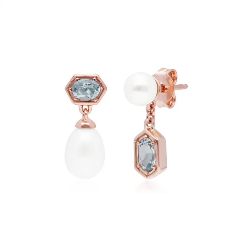 Modern Pearl & Aquamarine Mismatched Drop Earrings in Rose Gold Plated Silver sold by Gemondo Jewellery