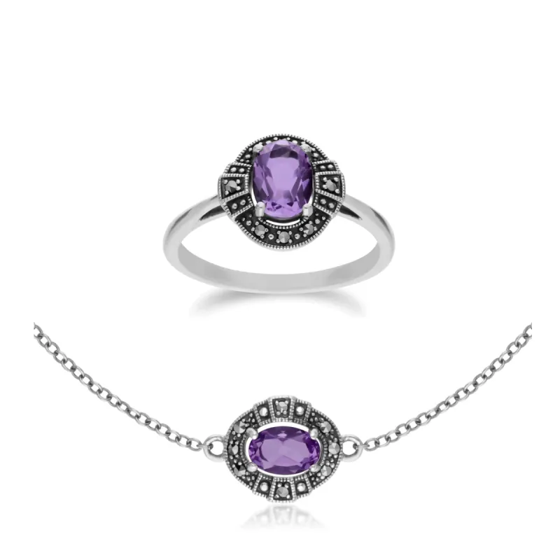 Art Deco Style Oval Amethyst and Marcasite Cluster Silver Ring & Bracelet Set sold by Gemondo Jewellery