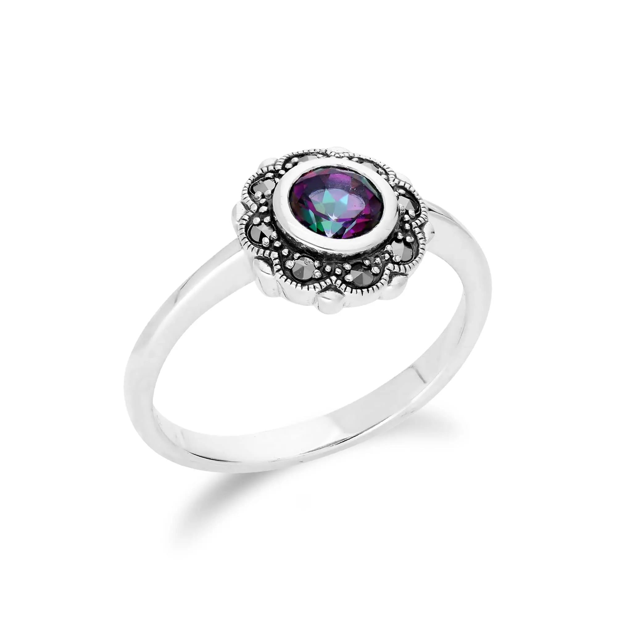 Floral Round Mystic Topaz & Marcasite Halo Ring in 925 Sterling Silver sold by Gemondo Jewellery product image thumbnail 2