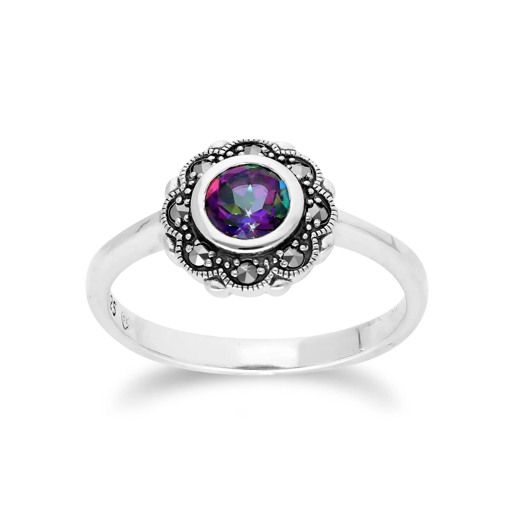 Floral Round Mystic Topaz & Marcasite Halo Ring in 925 Sterling Silver sold by Gemondo Jewellery