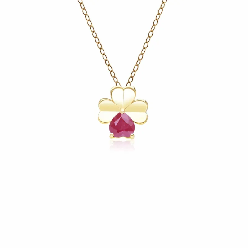 Gardenia Ruby Clover Pendant Necklace in 9ct Yellow Gold sold by Gemondo Jewellery