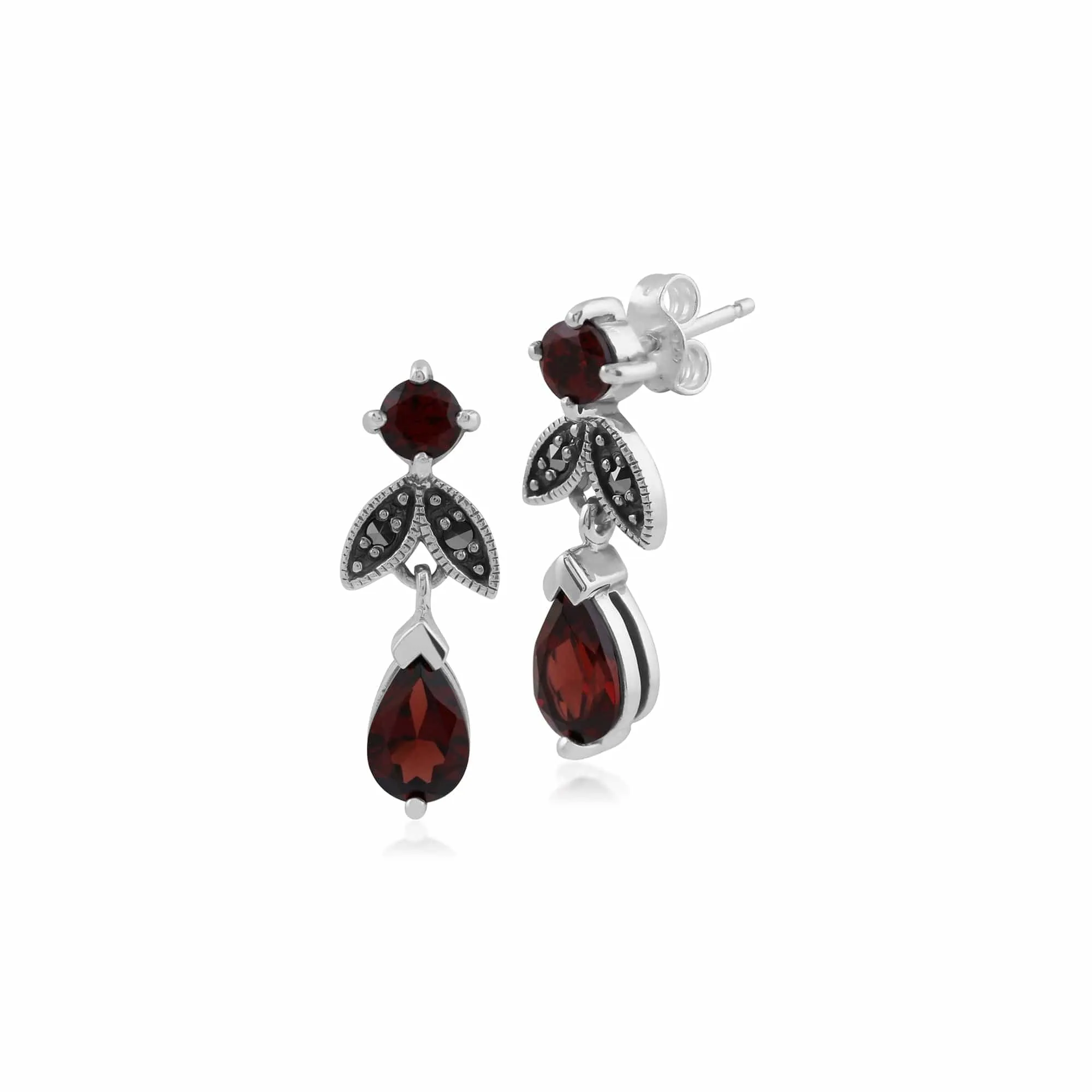 Art Deco Style Pear Garnet & Marcasite Drop Earrings in 925 Sterling Silver sold by Gemondo Jewellery