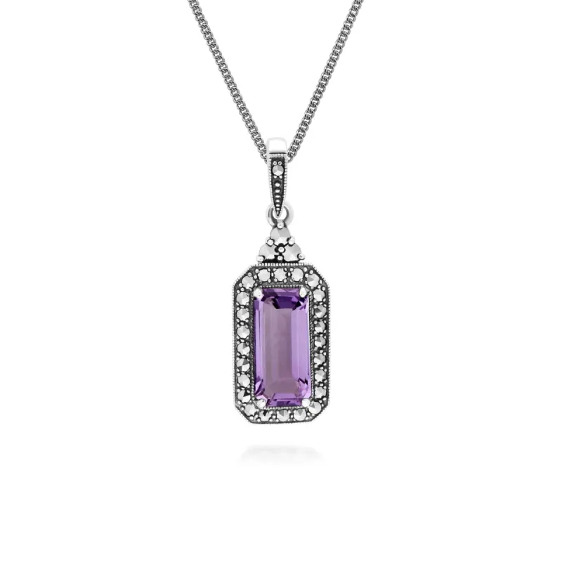 Art Deco Inspired Octagon Cut Amethyst & Marcasite Pendant Necklace in Sterling Silver sold by Gemondo Jewellery
