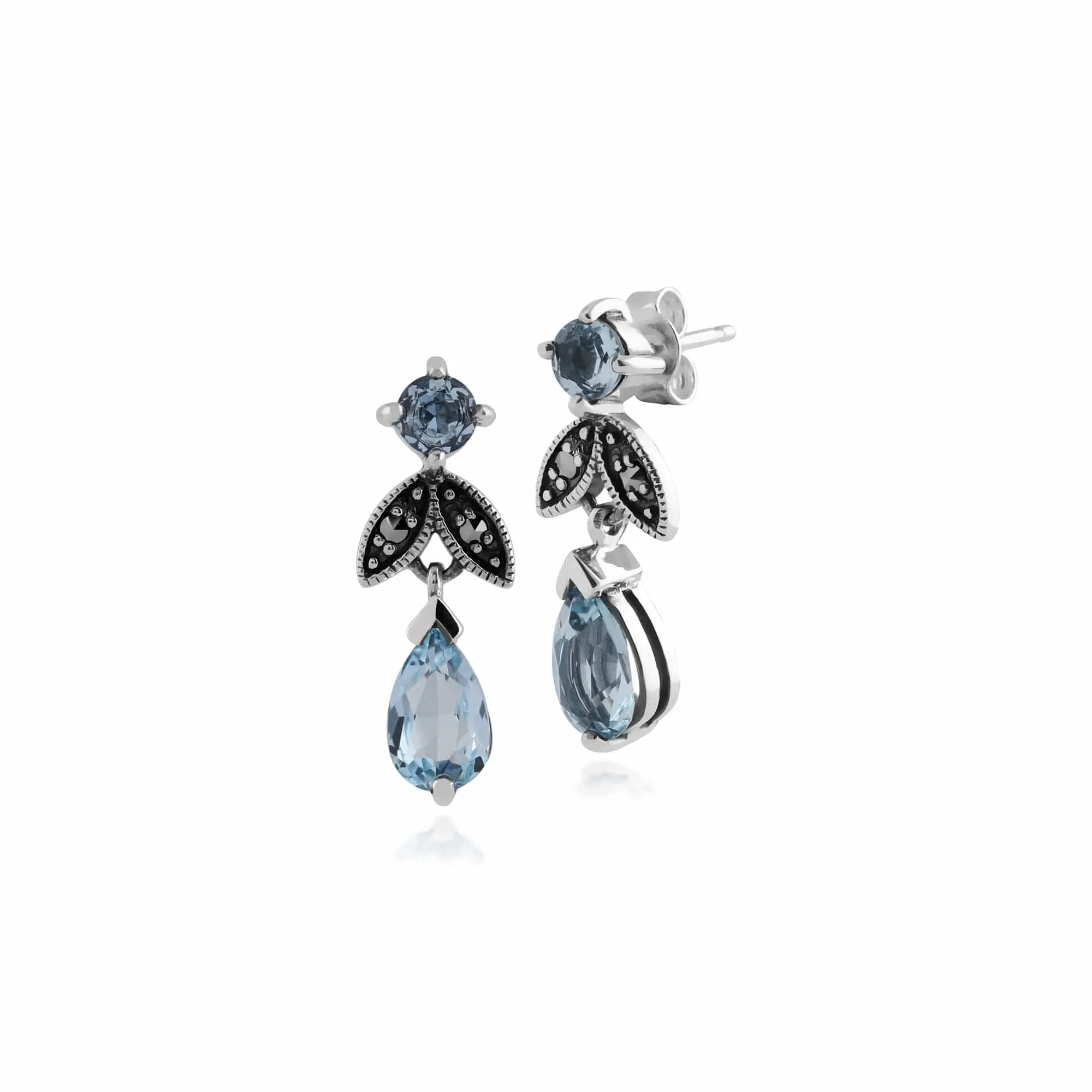 Art Nouveau Style Pear Blue Topaz & Marcasite Drop Earrings in 925 Sterling Silver sold by Gemondo Jewellery